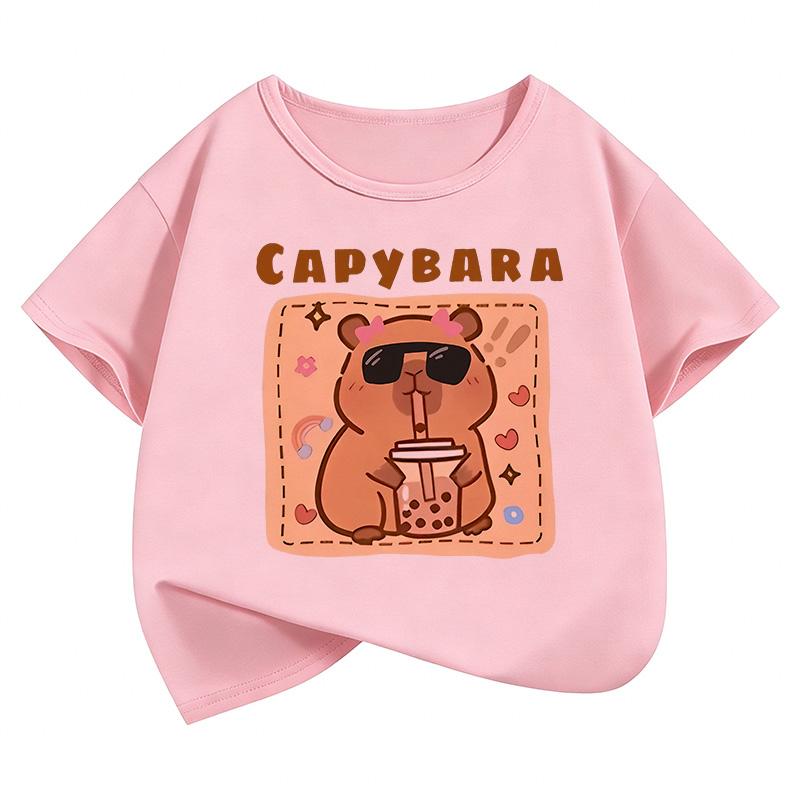 Boys and Girls Summer and Spring Casual Funny Capybara Drinking Juice Design Cartoon Children's T-shirt