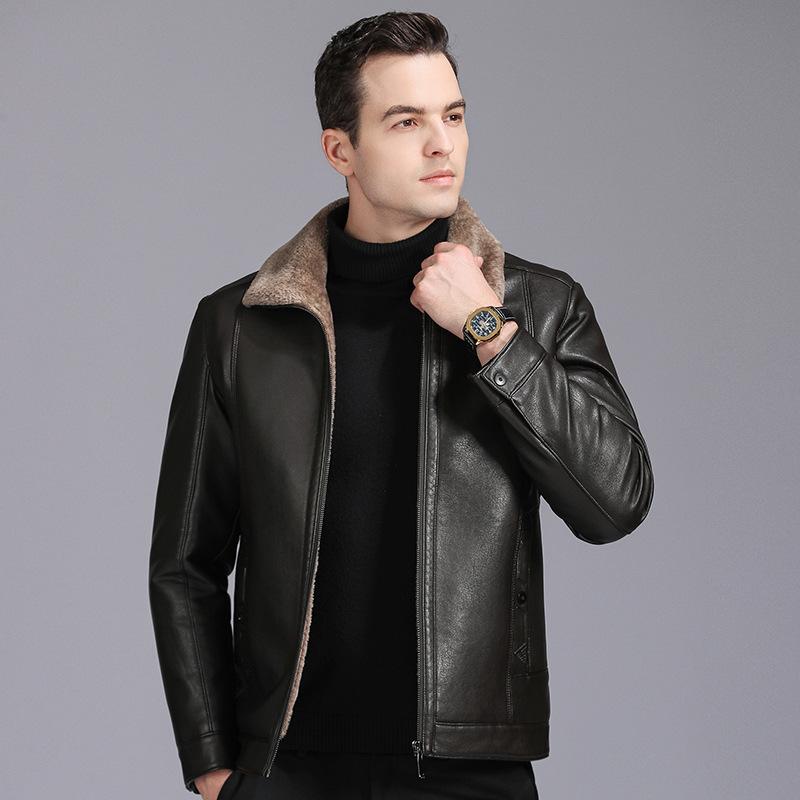 Genuine Leather Jacket Men's Fur Integrated Velvet Thickened Leather Jacket Lapel Zipper Jacket Winter Dad Wear Sheepskin