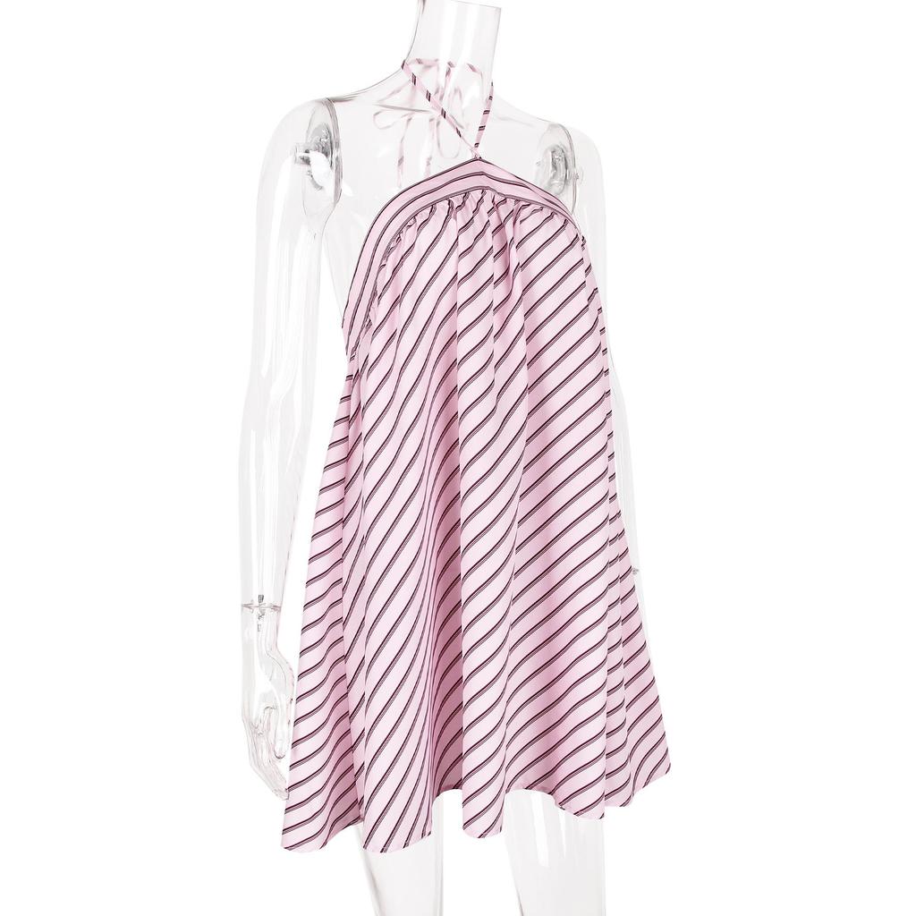 Women's Striped Halter Backless Dress - Spicy European and American Holiday Beachwear