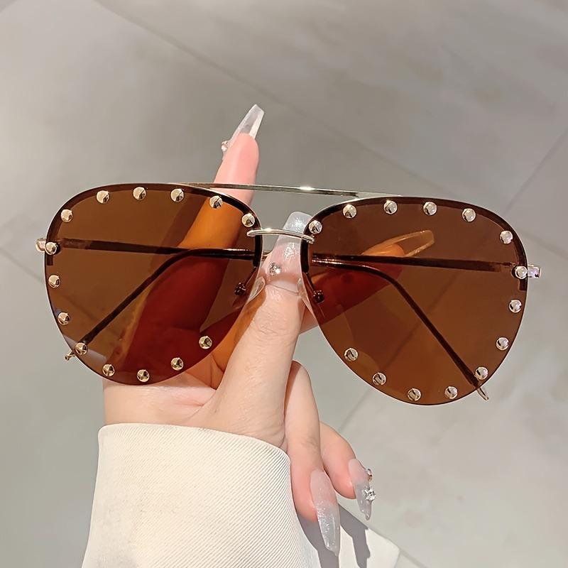 

Fashion Rimless Pilot Sunglasses Women Vintage Luxury Brand Design Diamond Cutting Lens Rivet Sun Glasses For Female UV400