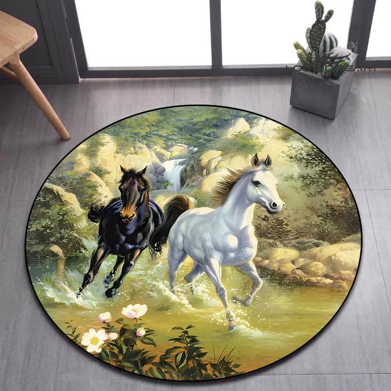 3D Running Horses Round Carpet Non-slip Mat Luxury Wild Horse Area Rug for Game Room Bedroom Decoration
