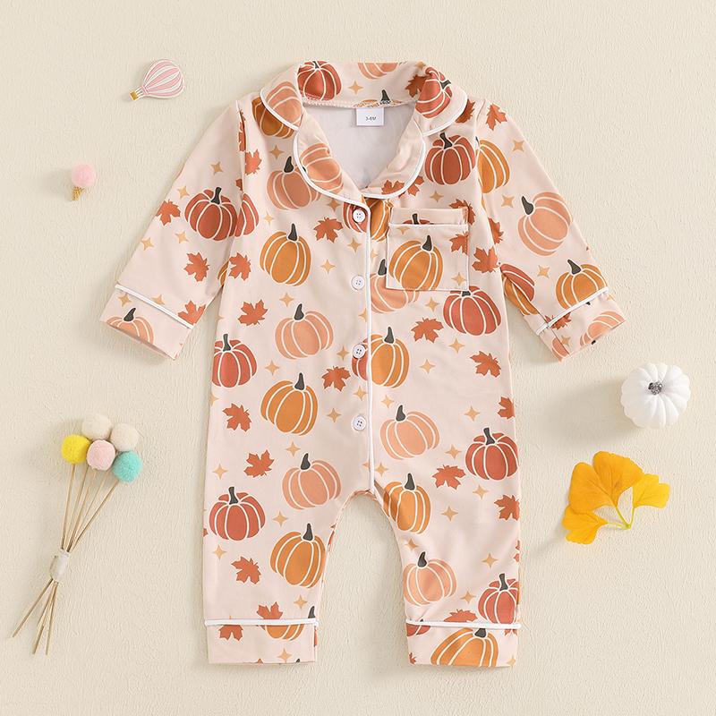 Infant Newborn Baby Girl Halloween Sleeping Romper Ghost/Pumpkin Print Lapel Long Sleeve Button Down Jumpsuit