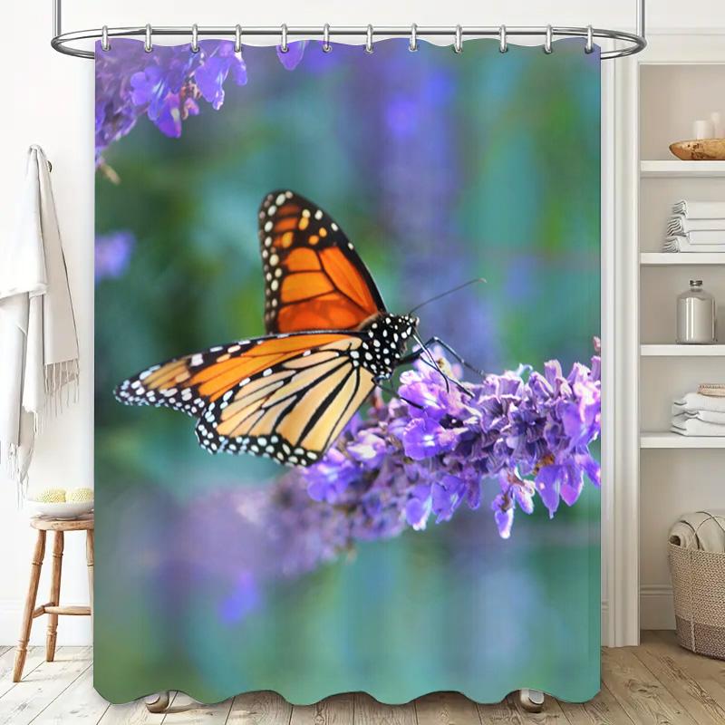 Monarch Butterfly Lavender Bath Shower Curtain Floral Home Decor Waterproof Printing for Bathroom Decoration Purple 3D Digital P