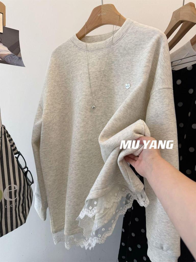 Women's Korean Style Fleece-Lined Lace Trim Sweatshirt - Winter Mid-Length Loose Fit