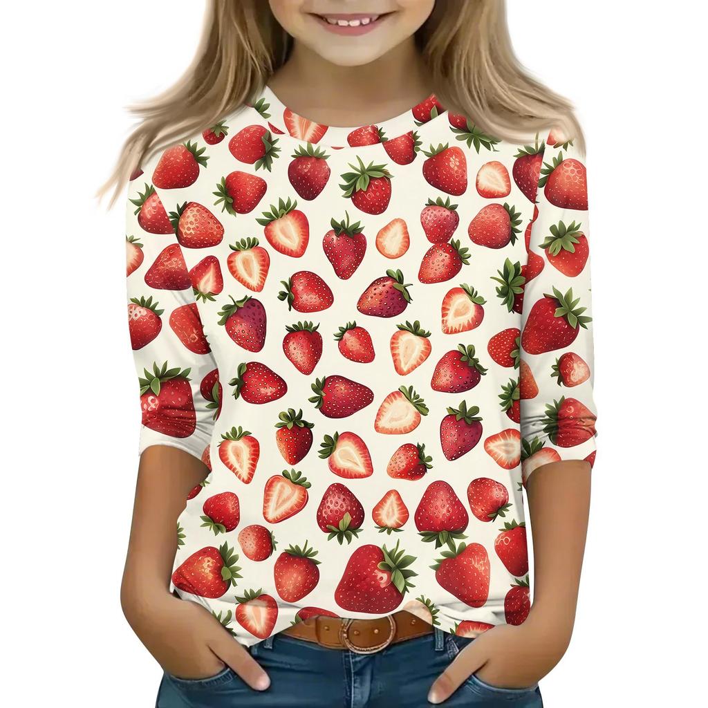 Tops à manches 3/4 pour enfants T-shirt imprimé décontracté Col rond Pull Blouse