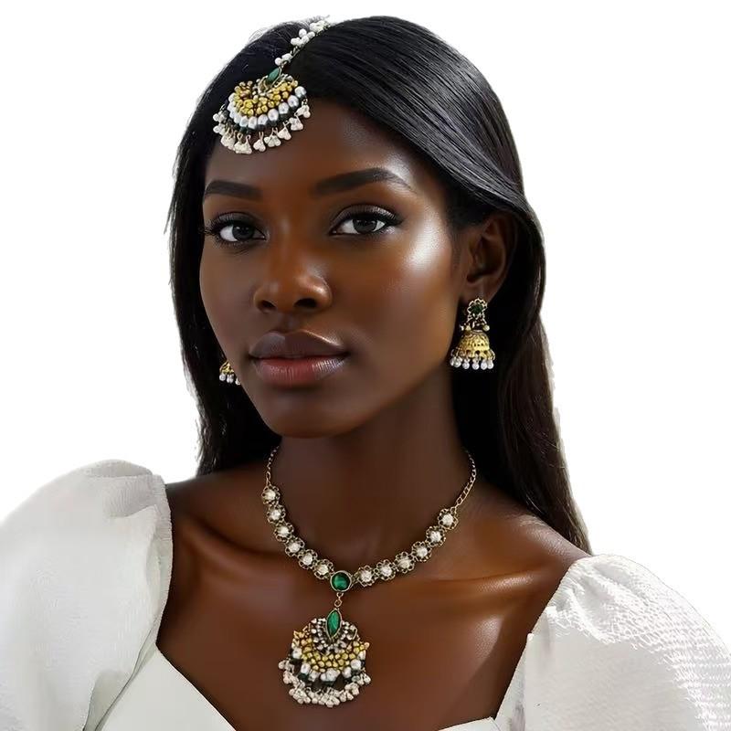 Middle Eastern Style Fan Shape Jewelry Set: Elegant Head Chain, Earrings, and Necklace for Women