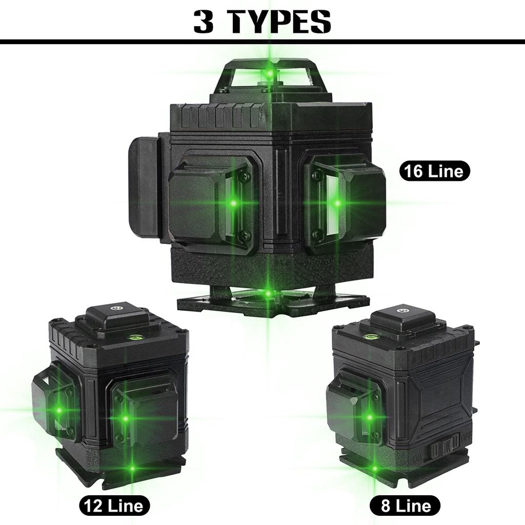 2400mAh 10 PCS 8/12/16 Green Line 4D Light Laser Level 360° Horizontal Vertical Cross Spirit Level Measure Tool Kit