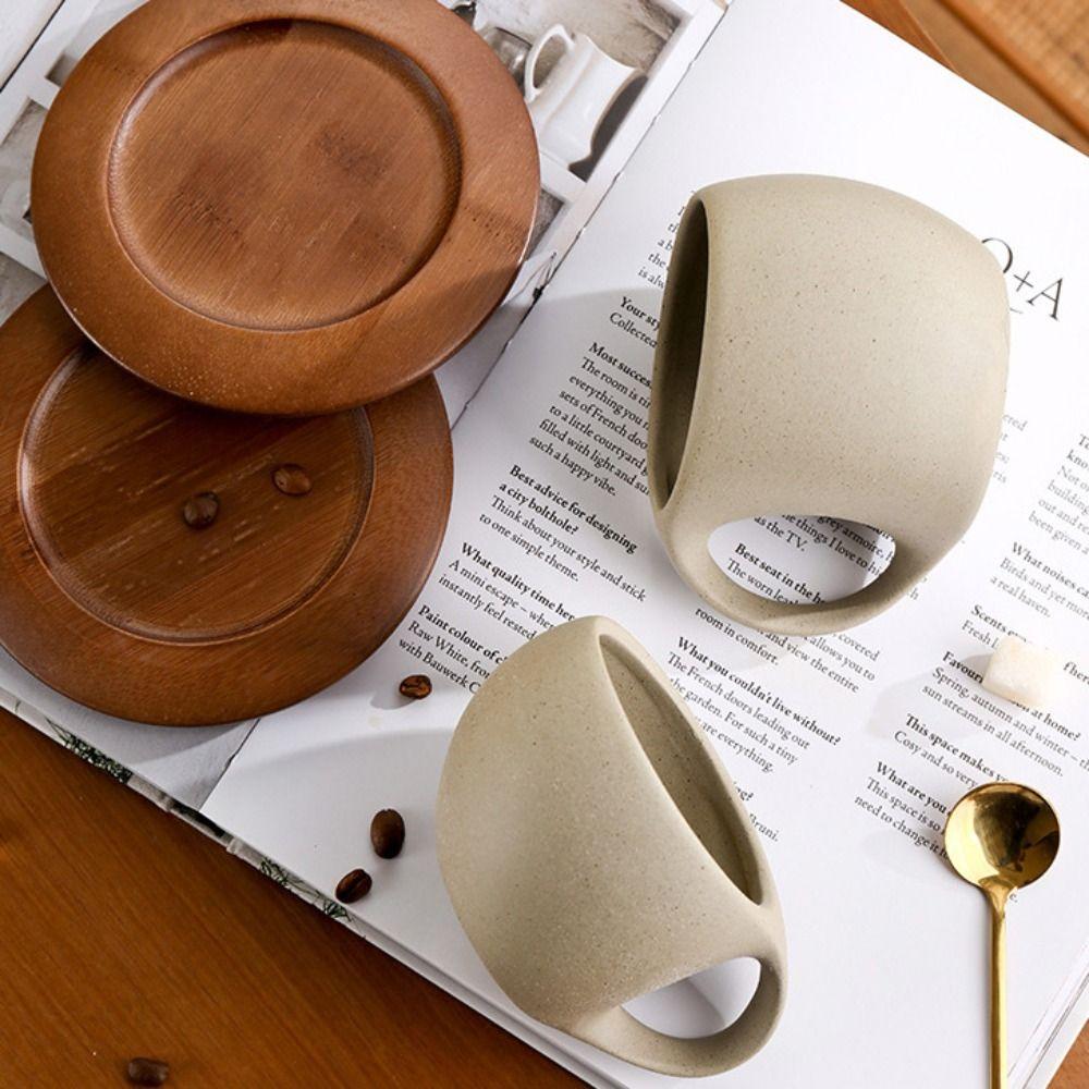 Mit Holzuntertasse Grobkeramik Moderne Kunst Kaffeetasse Abgerundeter Griff Keramik-Teetasse Nachmittagstee