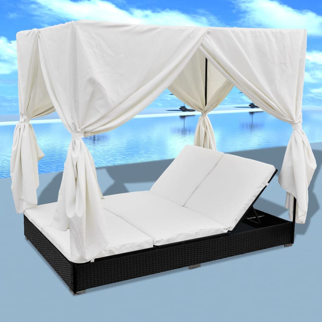 Outdoor Double Sun Lounger with Canopy and Curtains Poly Rattan Black