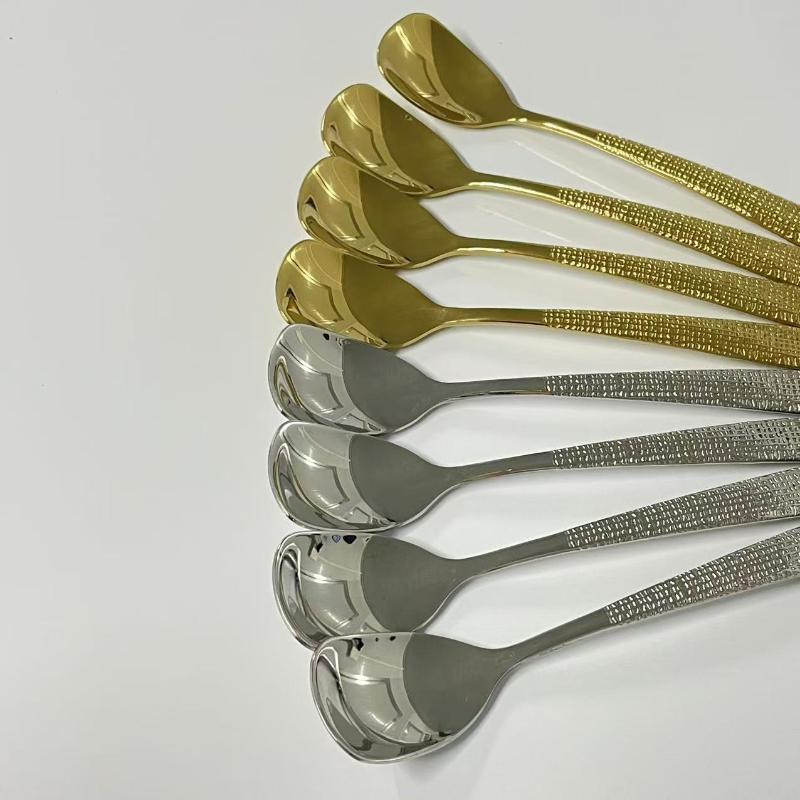 304 Edelstahl Besteck Flachkopf Löffel Gehämmertes Muster Griff Geschirr Luxus Retro Tafelgeschirr
