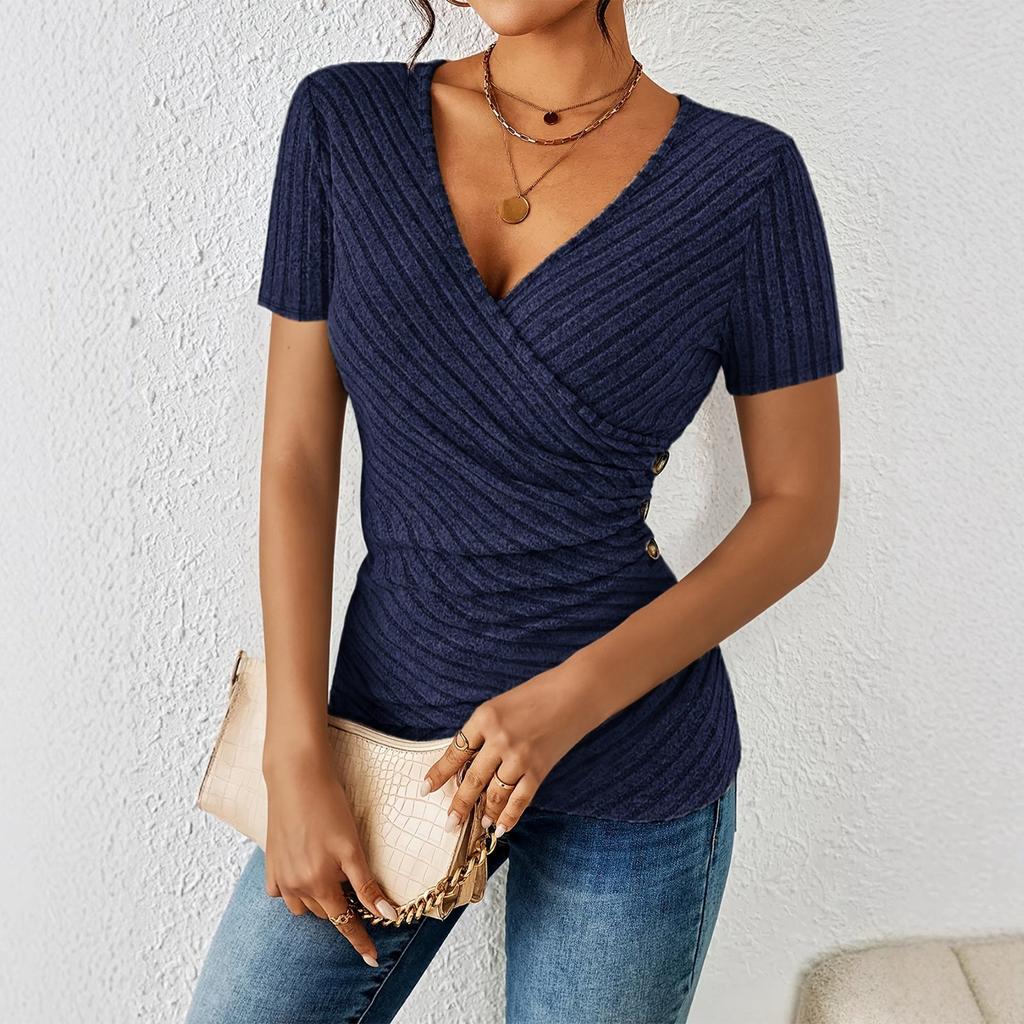 Women's Fashion Casual Color V-neck Casual Short-sleeved Top