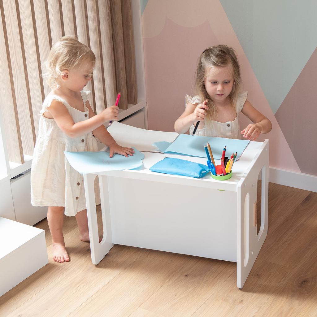 KiddyMoon Holztisch mit Stuhl für Kinder, Möbelset für Babyaktivität, Spielset für Babys TC-001, weiß