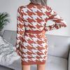 Kvinner Høst Vinter Houndstooth Pack Hip V-hals Langermet høy midje strikket kjole SL
