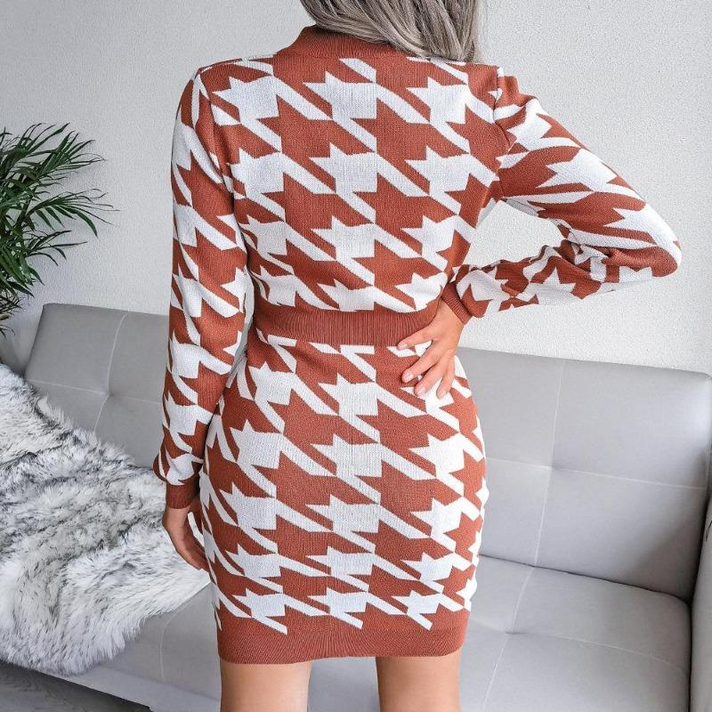 Kvinner Høst Vinter Houndstooth Pack Hip V-hals Langermet høy midje strikket kjole SL