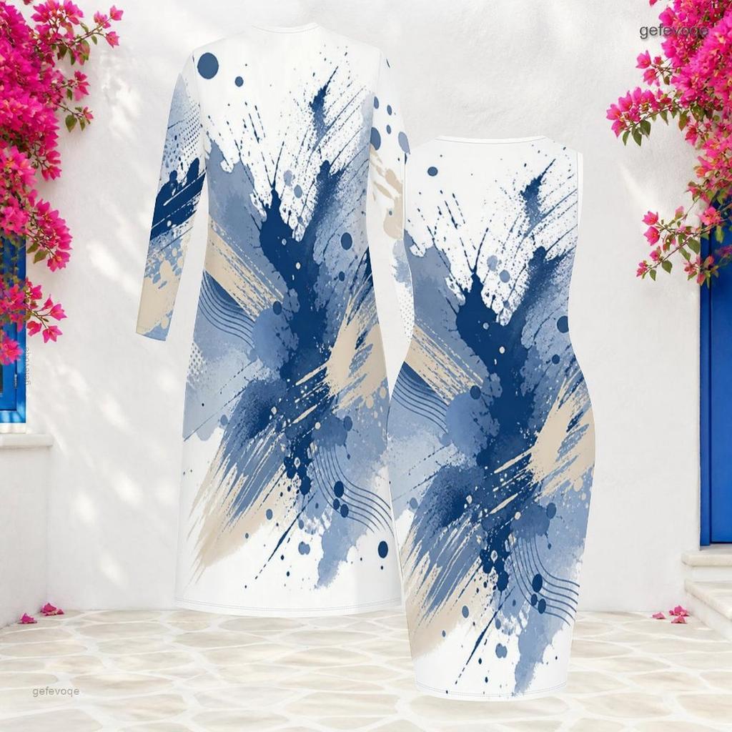 Women Plus Size Two Piece Set Long Sleeve Open Front Cardigan Sleeveless Round Neck Bodycon Printed Dress Blue White Beige