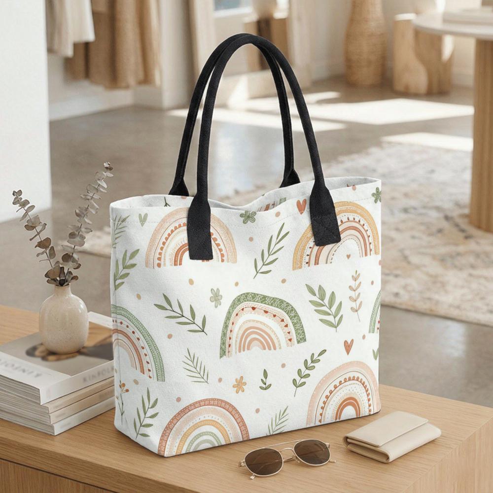 Boho Rainbow Tote Bag Casual Canvas Shoulder Bag for Daily Use Lightweight Reusable Shopping Bag for Women