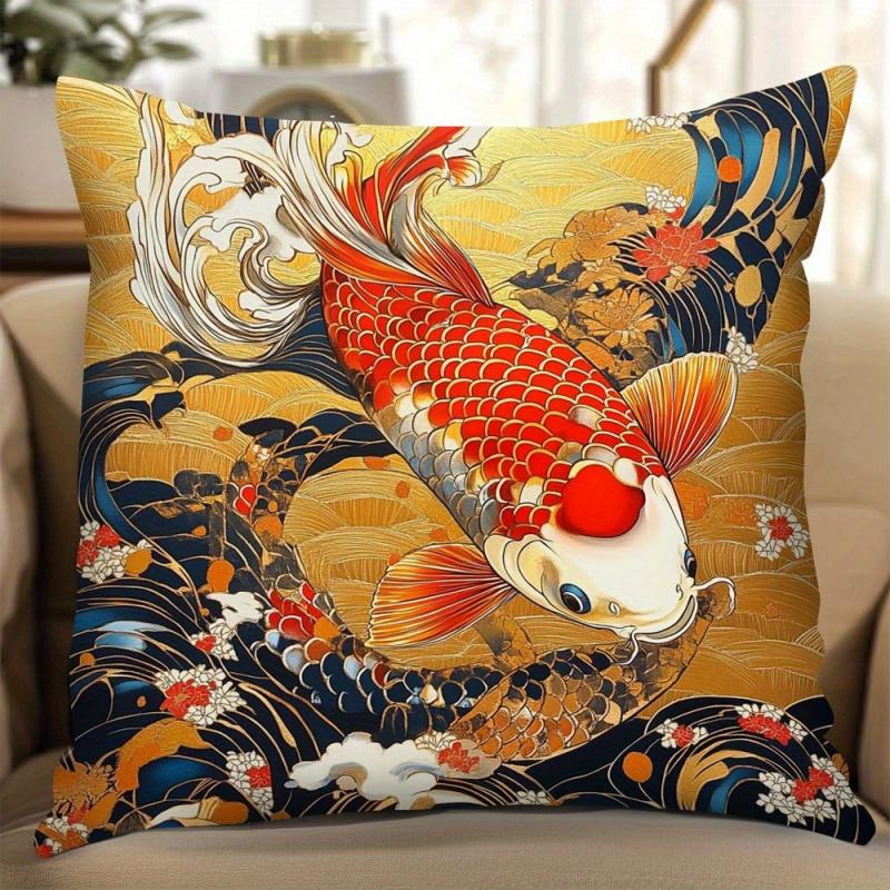 Vikama Traditional Japanese-Style Koi Pillowcase, Suitable For Decorating Living Rooms, Bedrooms, And Offices