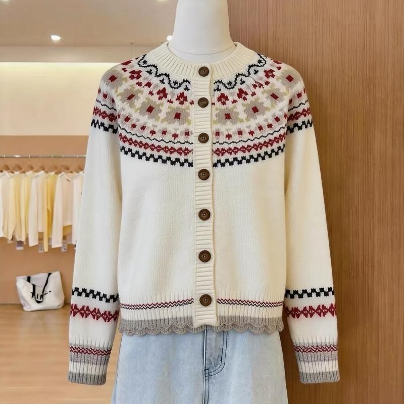 Women S Korean Style Fair Isle Knit Cardigan Sweater Beige