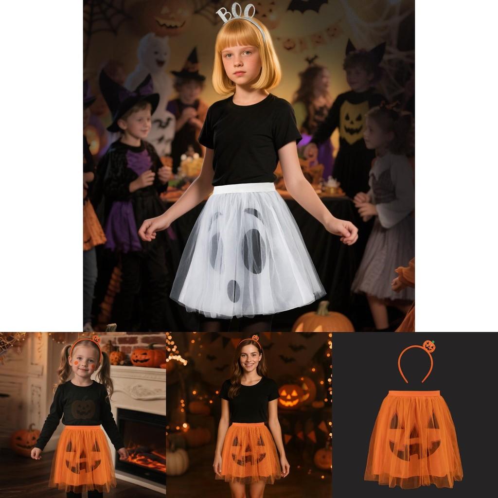 Halloween Ghost Face Pumpkin Veil Dress And Headband Set For Cosplay Dress Up Kids And Adults