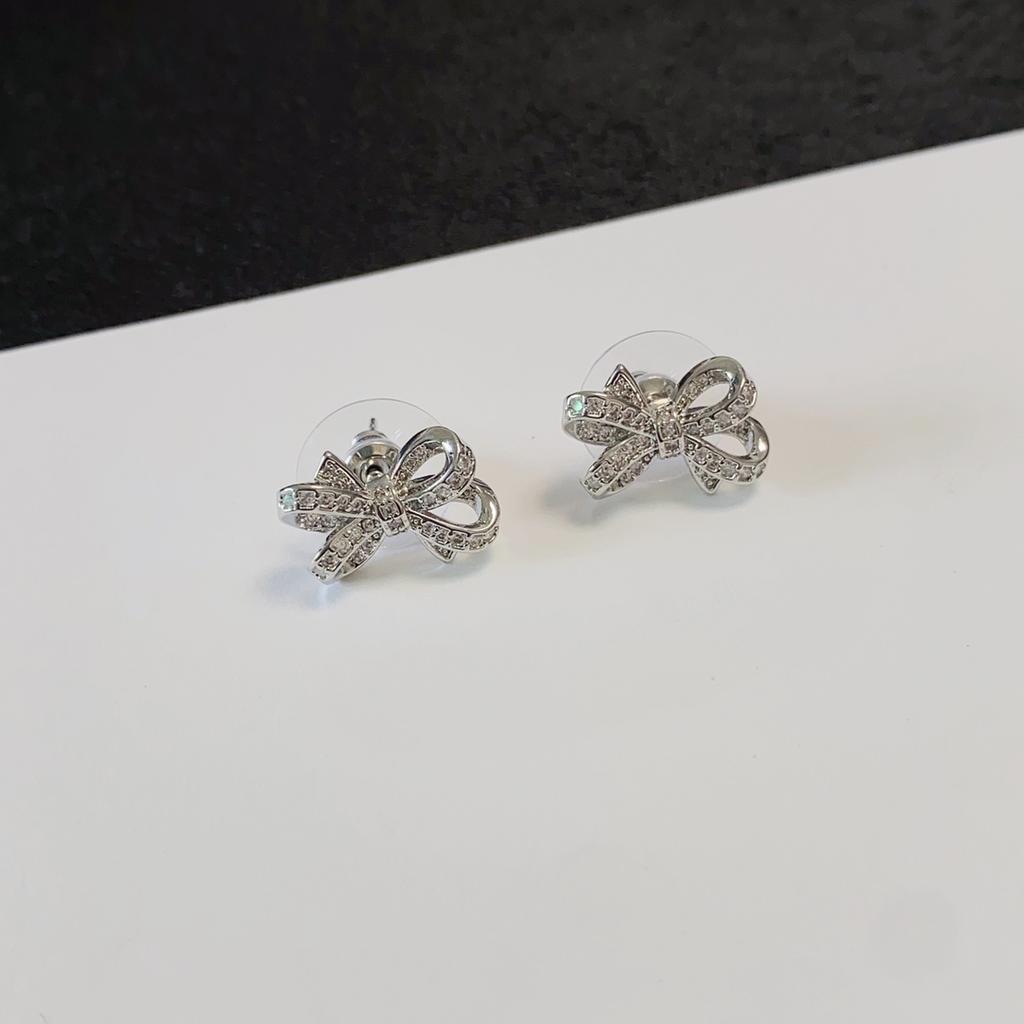 Bow Shaped Earrings with Diamond Inlay and Silver Plating, Personalized and Fashionable Earrings, 1:1 Quality
