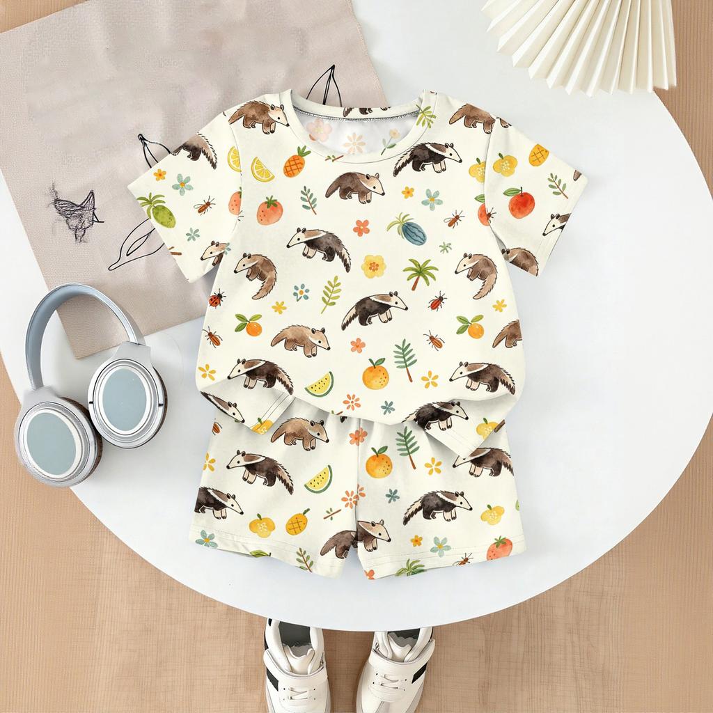 Kids Casual Short Sleeve Top and Shorts Set Animal Print Summer Outfit Lightweight Comfortable Breathable Fabric for Boys and Girls