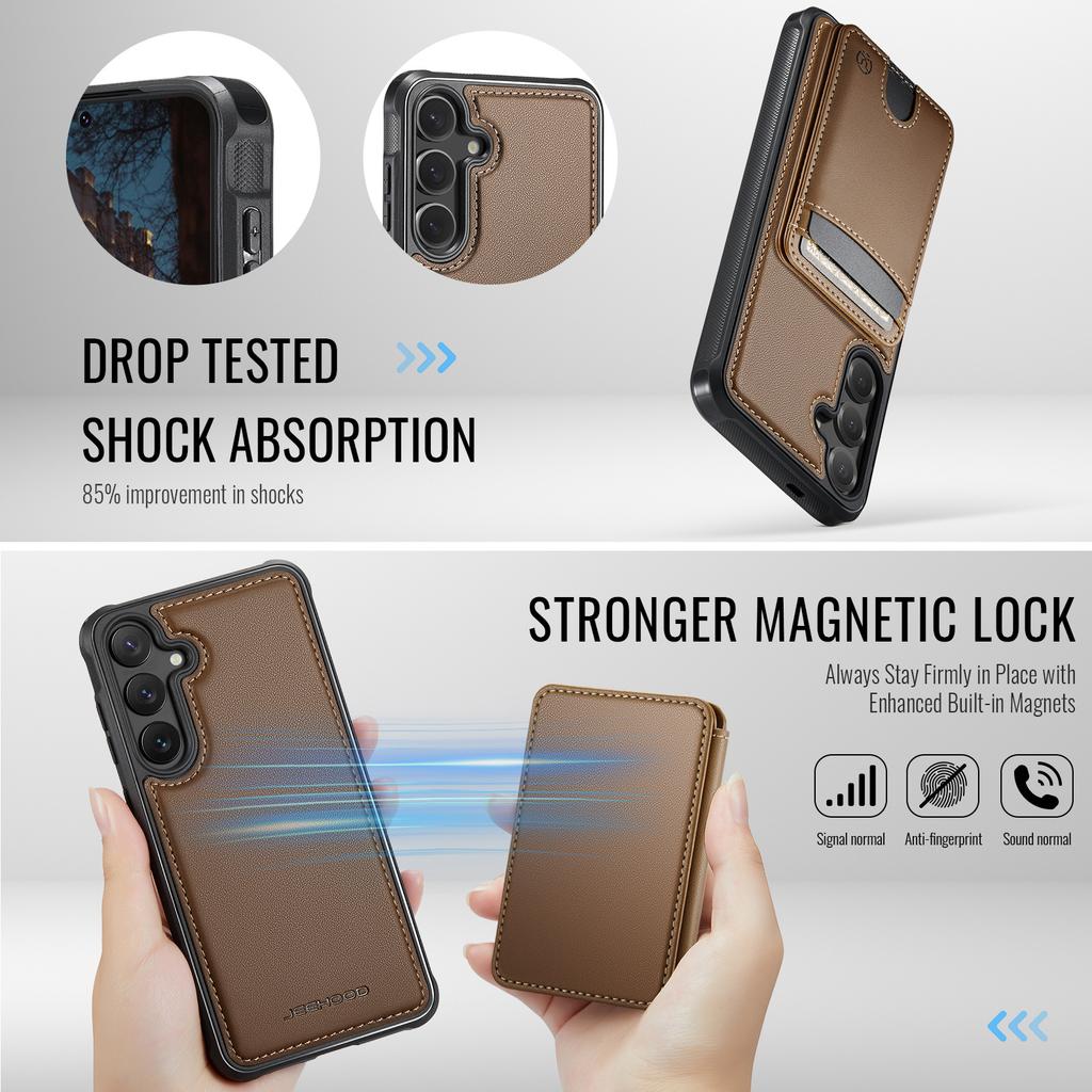 For Samsung Galaxy S26 Magnetic Case JEEHOOD J10 Leather Back Phone Cover with Detachable Card Holder Kickstand