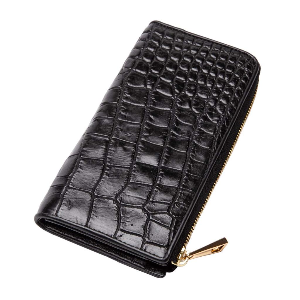 [Revetta] Crocodile Long Wallet, Gold Python Interior, Crocodile Leather, L-shaped, Men's, Genuine Leather, Round Zipper, Black, Matte Finish [081-5cr