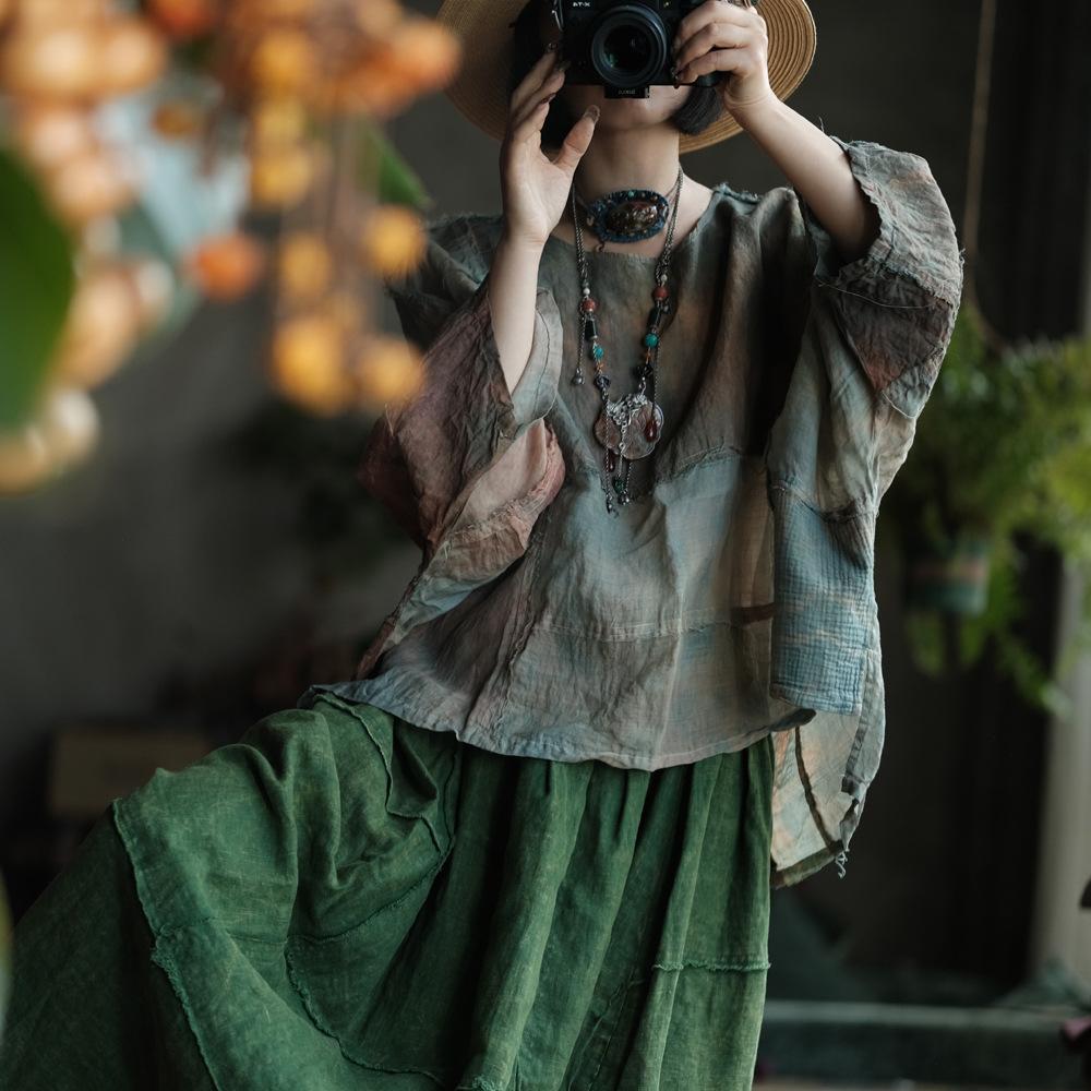 Johnature Women Vintage Patchwork Color Tie-dye T-Shirts O-Neck Long Sleeve Autumn Linen Loose Female T-Shirts