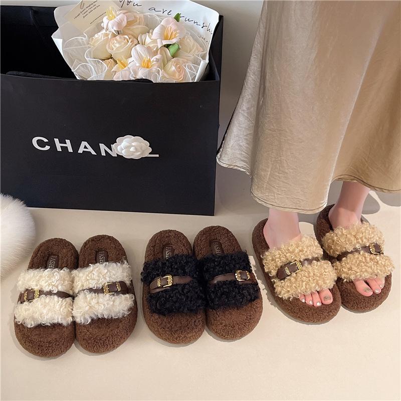 Women's shoes fairy wind thick-soled hairy drag women wear ins trendy small fragrant wind 2025 new French autumn and winter one-word drag