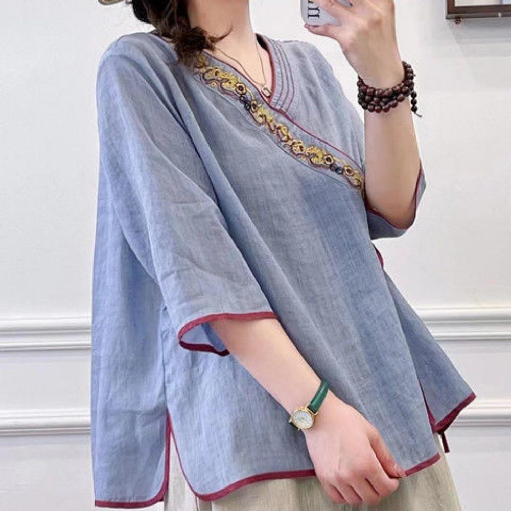 Neues V-Ausschnitt Retro Schrägkragen Chinesischer Stil Besticktes Baumwoll- und Leinen Kurzarm T-Shirt für Damen im Sommer mit lockeren Bindebändern Teejacke Oberteil