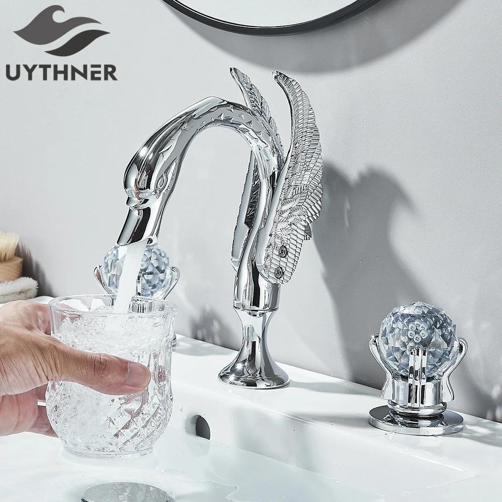 Uythner Bathroom Basin Faucet Dual Crystal Handle Bathtub Mixer Tap Deck Mounted Widespraed Bath Mixer Crane