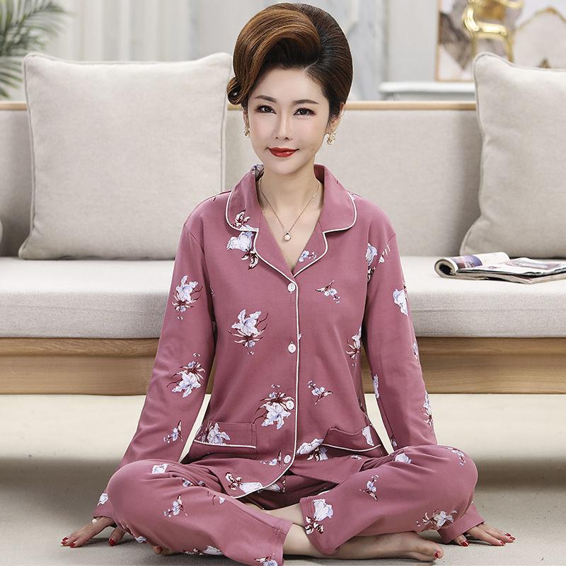Middle-aged women's 100% pure cotton pajamas women's summer long-sleeved pajamas middle-aged and elderly mother loungewear thin suit