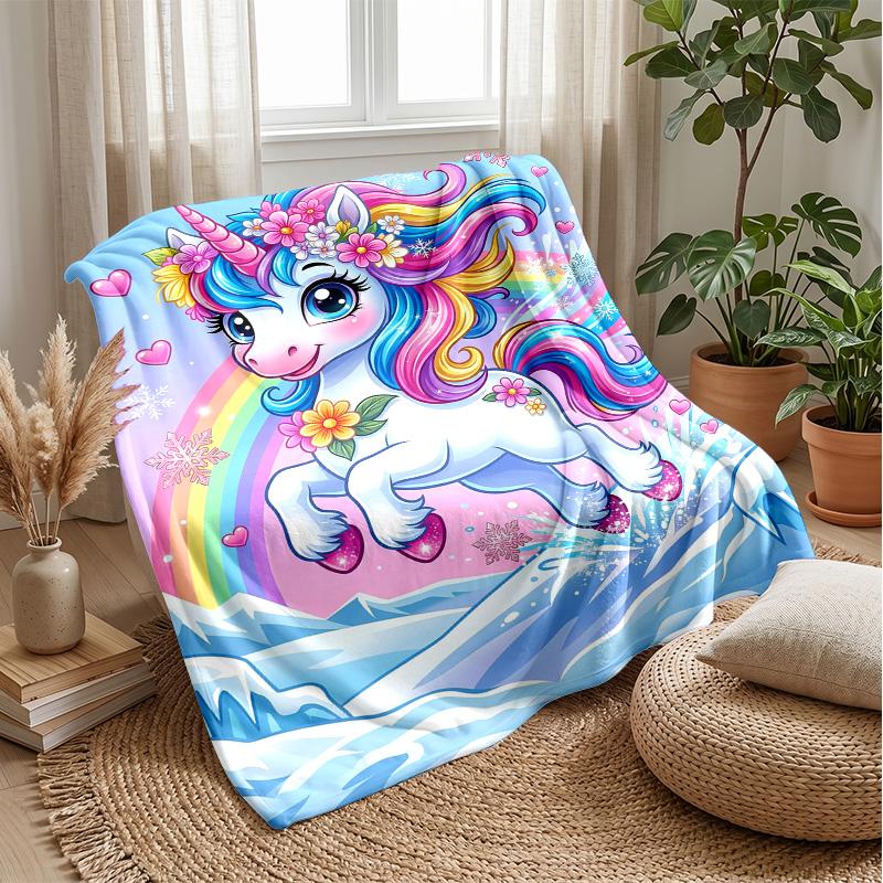 Rainbow unicorn with flowers Theme blanket Lightweight Warm Flannel Blanket Decorative Throw Blanket for Home Decoration