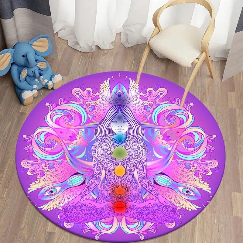 Psychedelic Boho Mandala Chakra Round Rug Meditation Carpet For Living Room Bathroom Circle Doormat Yoga Mats Bedroom Floor Mat