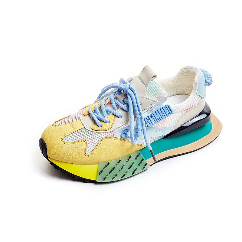 2024 Women's European-Style Breathable Mesh Leather Dad Shoes, Thick Sole, Heightening, Large Size, Casual Sports