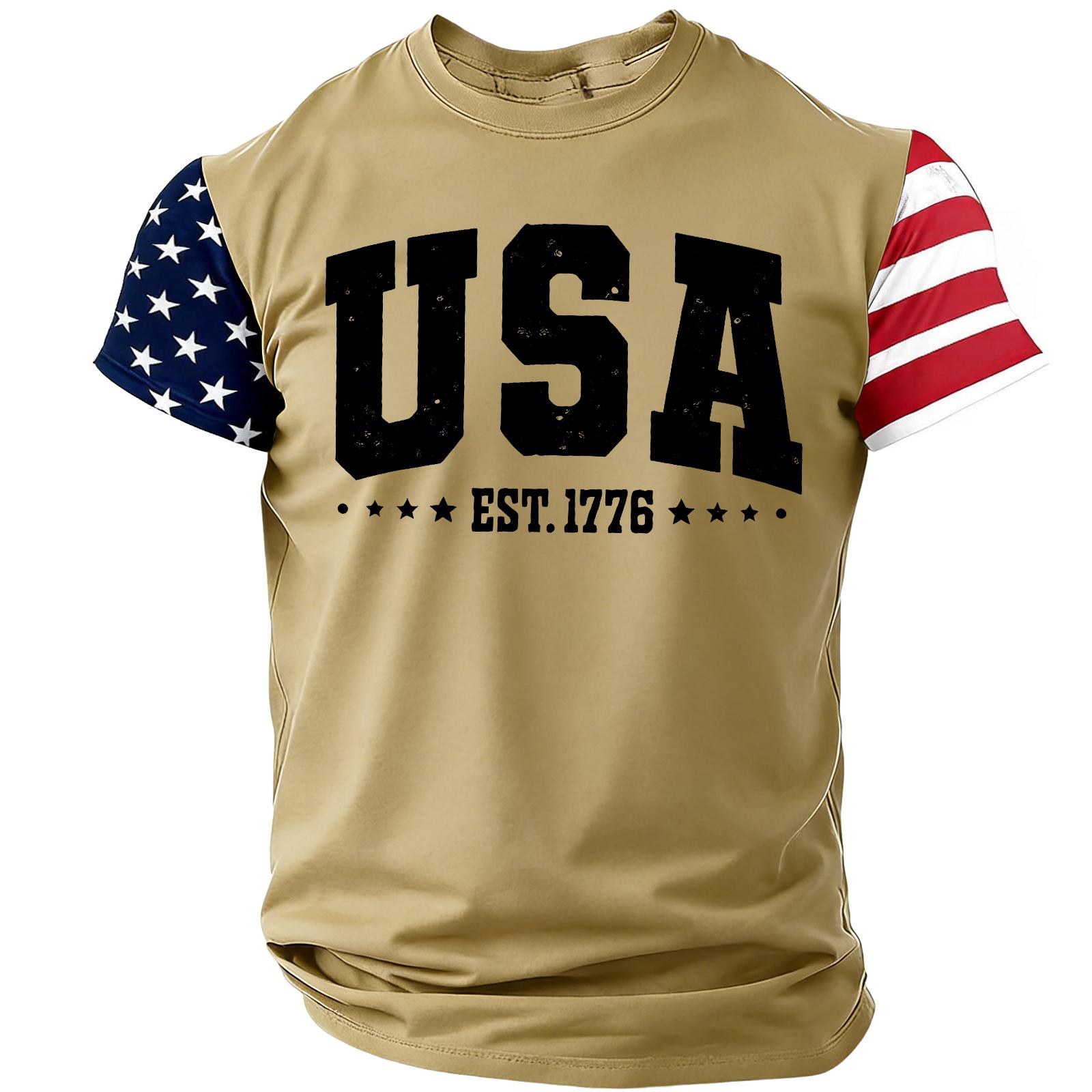 

USA EST 1776 Printed Short Sleeve Crewneck T Shirt with Flag Pattern Casual Fit Top XXL