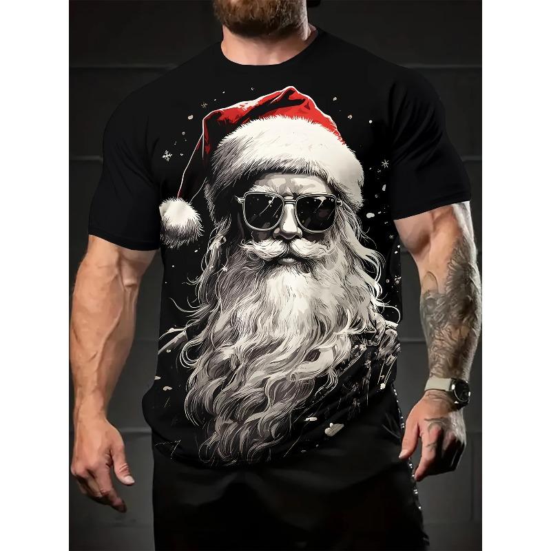 Sommer Herren Bequem Modisch Weihnachtsmann 3D Digital Bedrucktes T-Shirt- Weiches Mittel Elastisches Polyesterfaser Gewebe Sommer Locker Freizeitkleidung