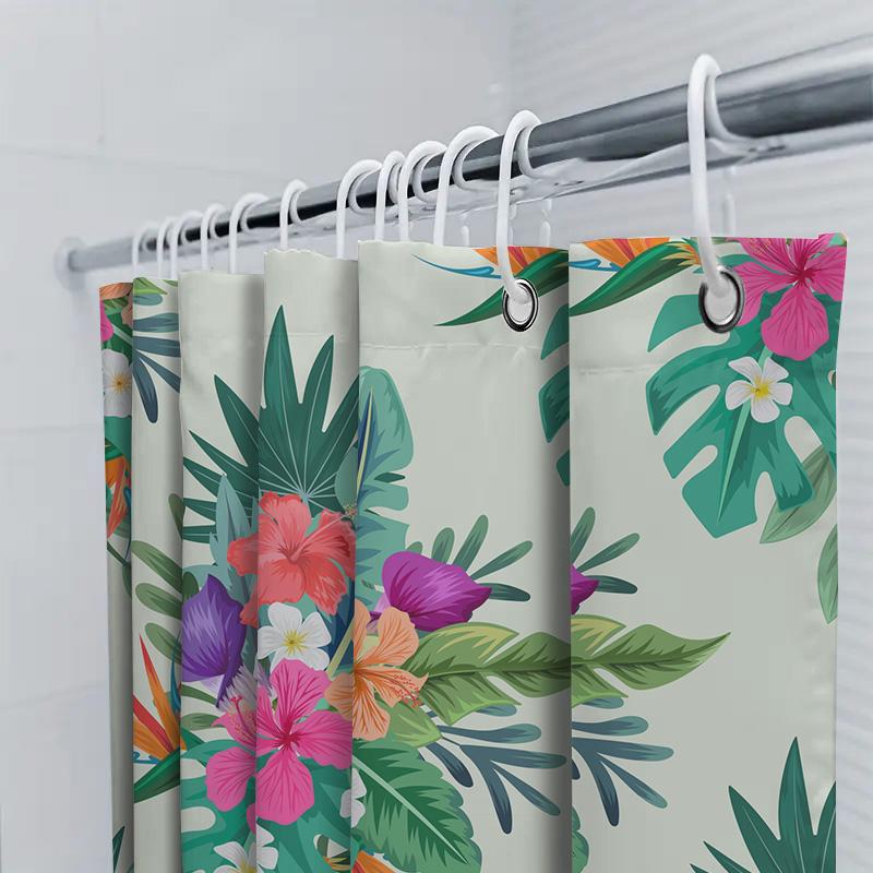 Colorful Floral Shower Curtain Modern Bathroom Decor Green Palm Leaves Pink Flowers Size: 72X72 (6 Pack Rings Included)