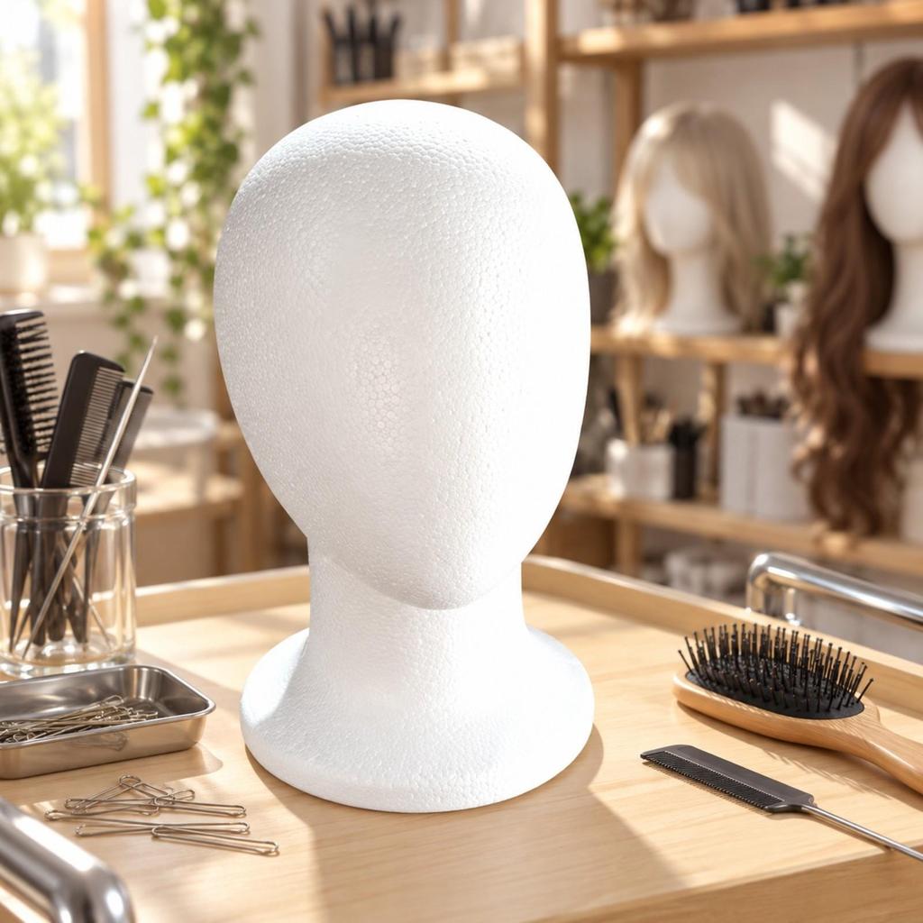 White Foam Mannequin Head with Round Base Smooth Faceless Neck
