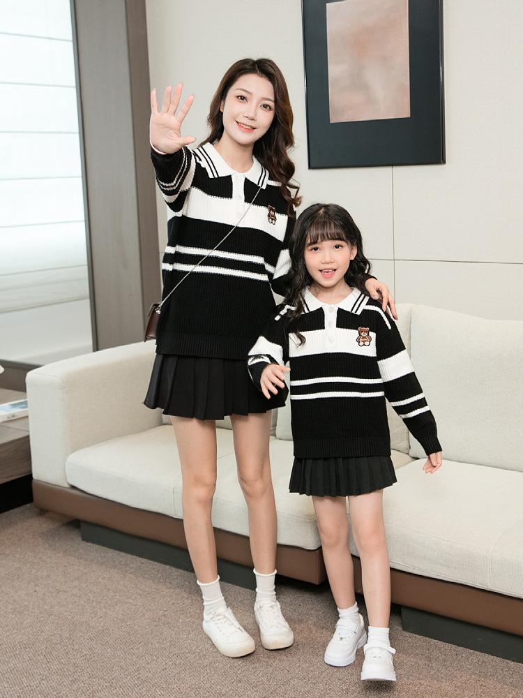 Autumn/Winter Parent-Child Black & White Striped Half-Zip Sweater - Stylish Mother-Daughter Match