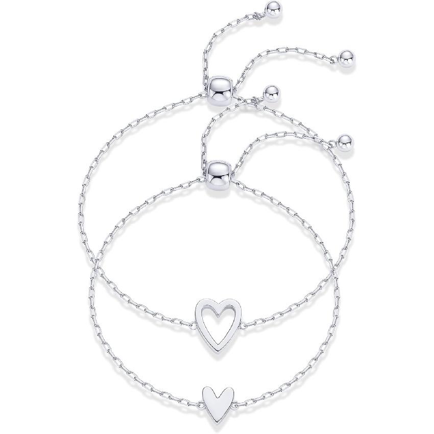 PAVOI 14K Gold Plated Matching Heart Charms Solitaire Bracelet Set for Women | Adjustable Valentines Day Love Friendship Two Bracelet Pack