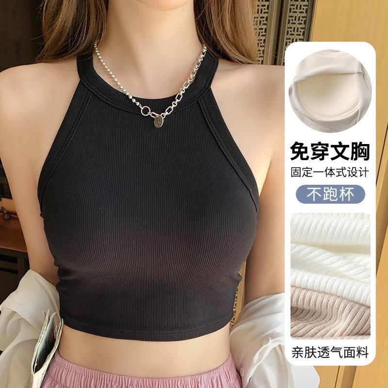 Women Halter Neck Sleeveless Cropped Tank Top With Built In Bra Slim Fit Casual Crop Vest S