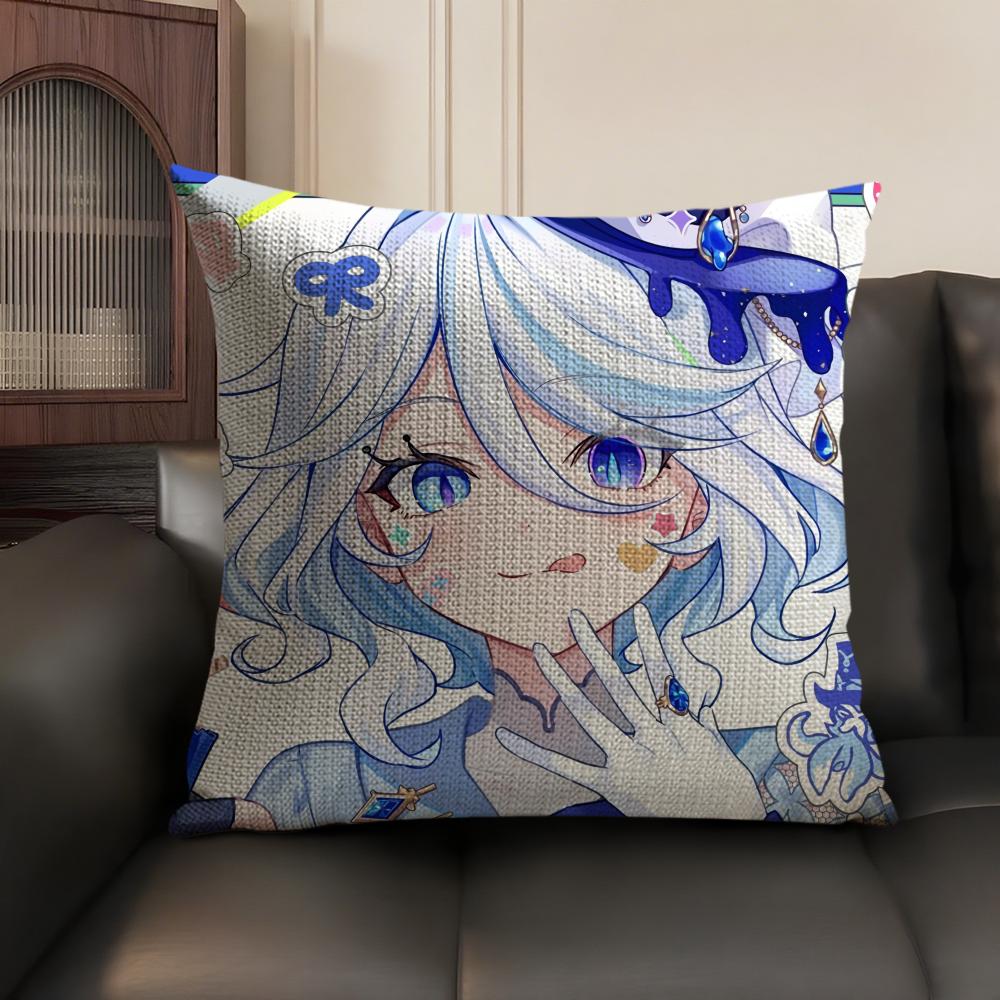 Cute Furina Genshin Impact Cushion Cover Natural Linen Organic Fabric Double-Sided Printing Sofa Home Decor Gift Pillow Case