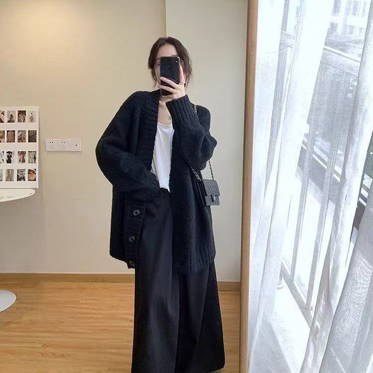 

Thickened Knitted Cardigan Jacket, Loose-fitting, Elegant Sweater XL чёрный