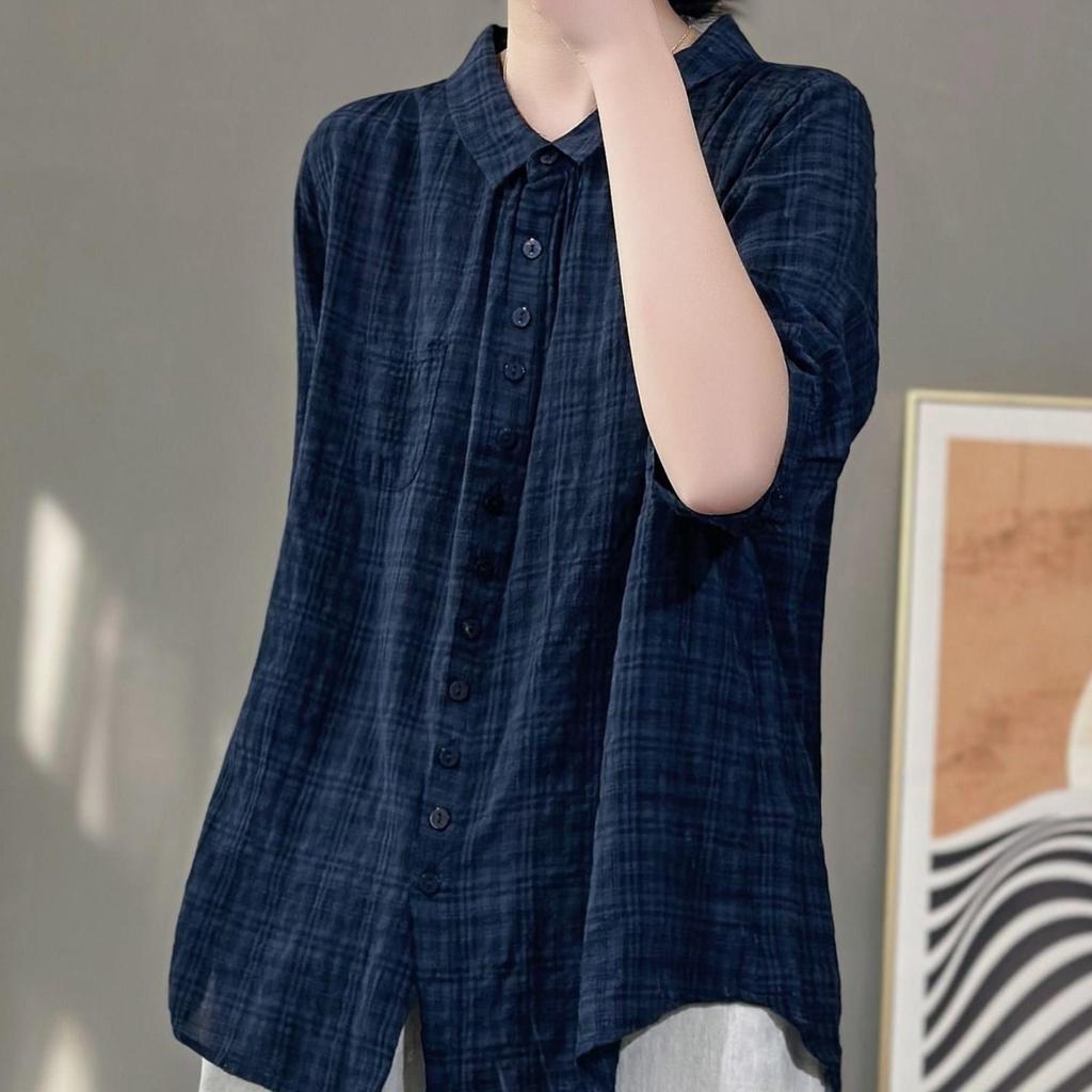 Solid Color Five Quarter Sleeved Shirt for Women's Summer Vintage Artistic Single Breasted Fashionable Loose Top