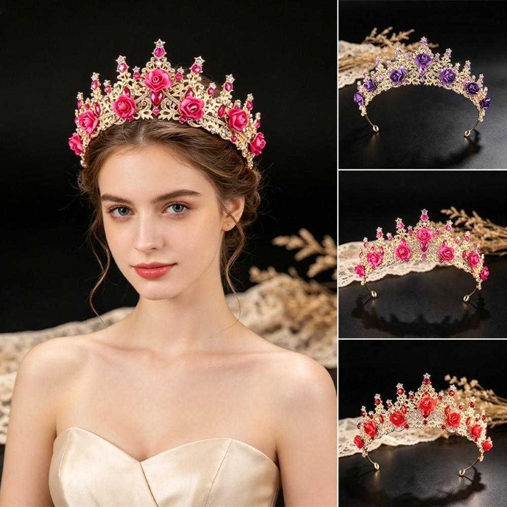 Metal Princess Floral Tiara Rose Flower Shiny Rhinestone Crown Luxury Baroque Crown Prom