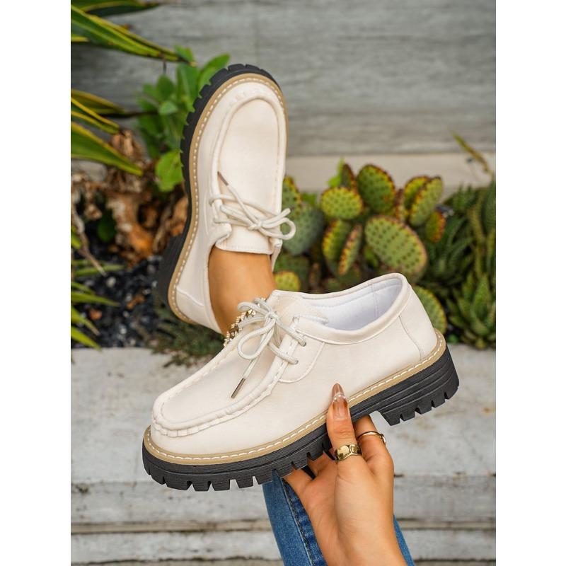 Women's Block Heel Non Slip Lace Up Leather Shoes Spring Autumn Solid Color British Style Loafers
