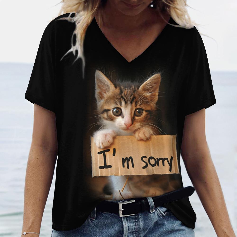 Summer Funny Cat Sorry 3D Print T-shirt Women Streetwear Casual T Shirts Y2k Tops Woman Harajuku V-Neck Tees Oversized Clothing