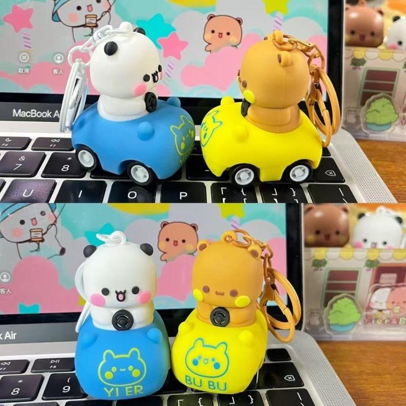 Cute Panda Bubu Yier Keychain Cartoon Panda Bubu and Dudu Driving A Small Car Modeling Keychain Backpack ornament Keychain Gift