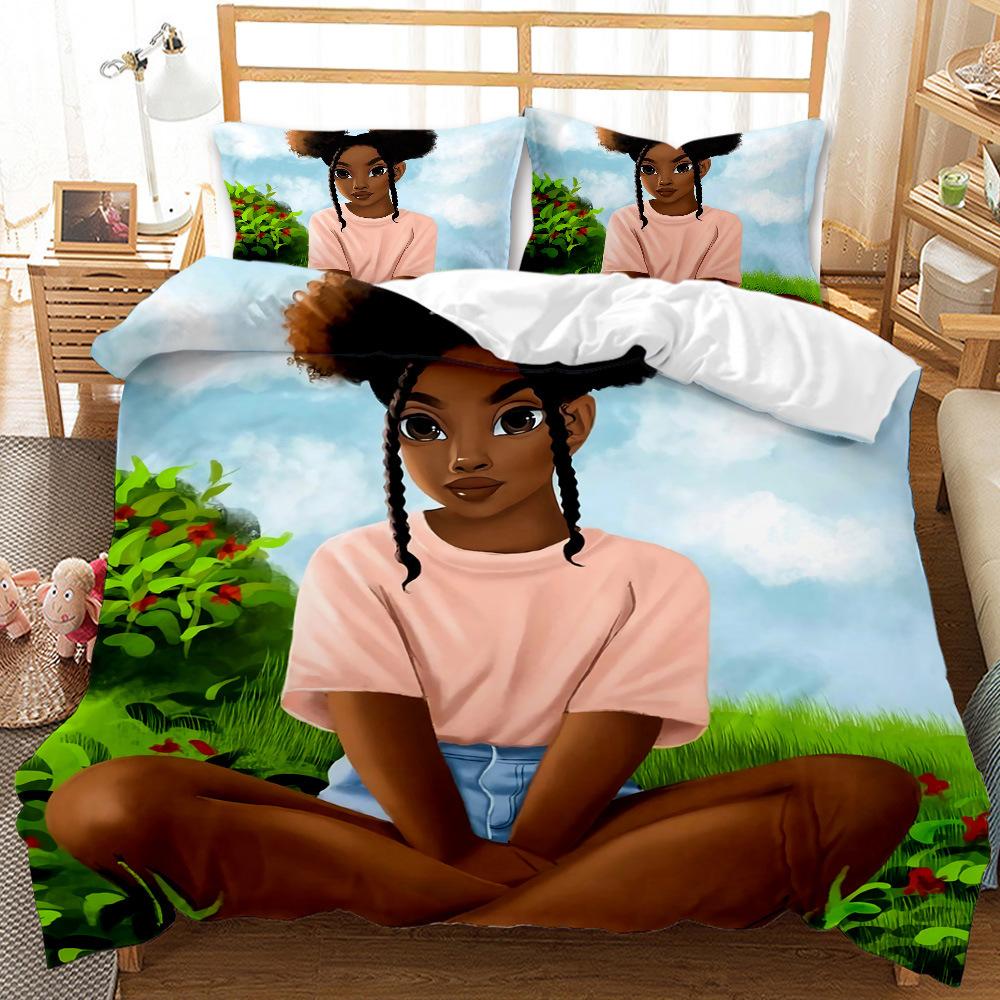 Black Girl Quilt Cover 3D Digital Print Three-Piece Bedding Kit